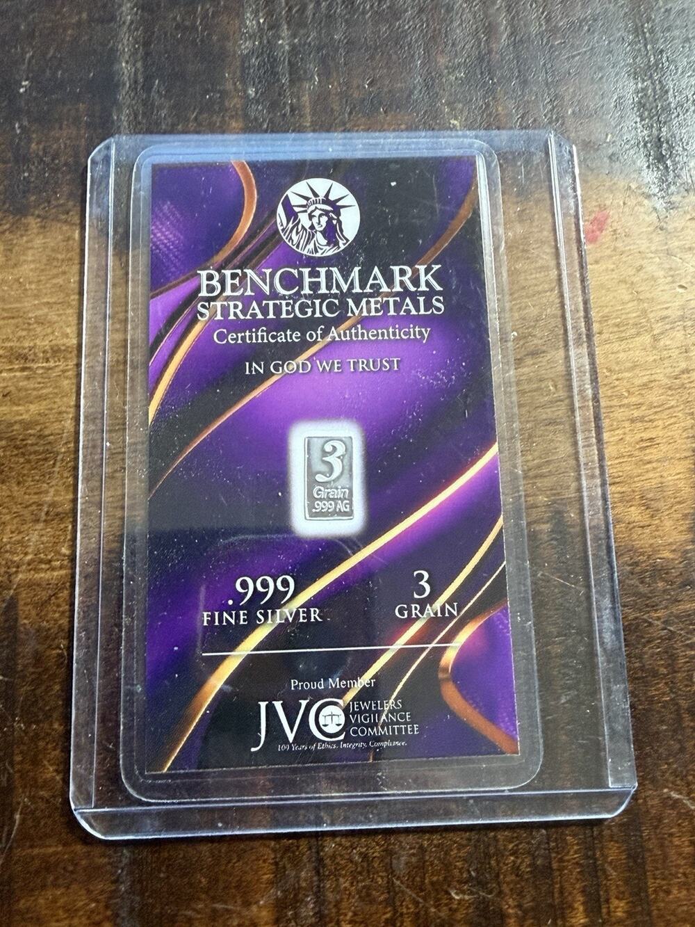 Benchmark Strategic Metals 1 Grain .999 Fine Silver Bar COA Sealed Card